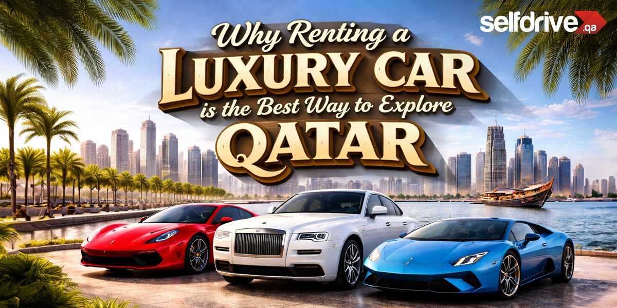Three luxury cars parked by a waterfront in Qatar, with a city skyline and palm trees in the background. The sky is clear, creating an inviting, upscale ambiance.
